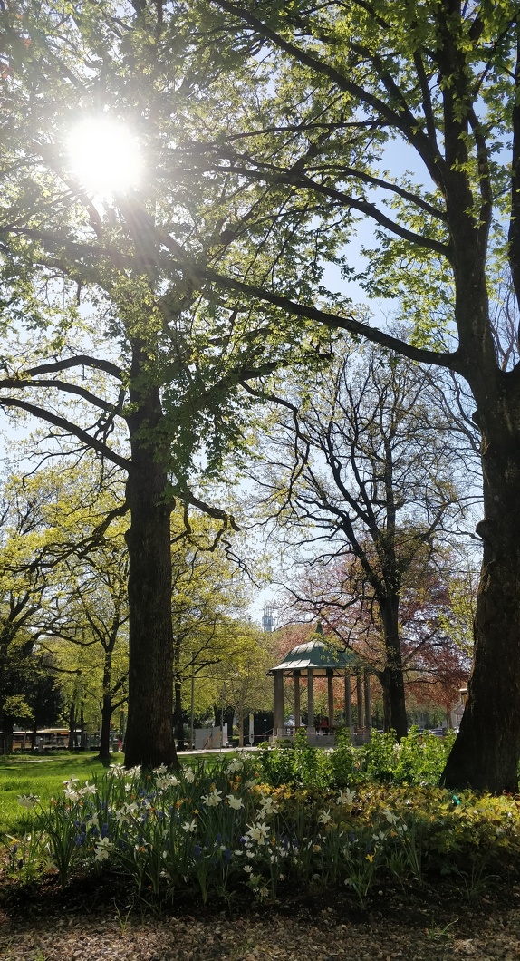 The green city park with a view of the pavilion in Kempten