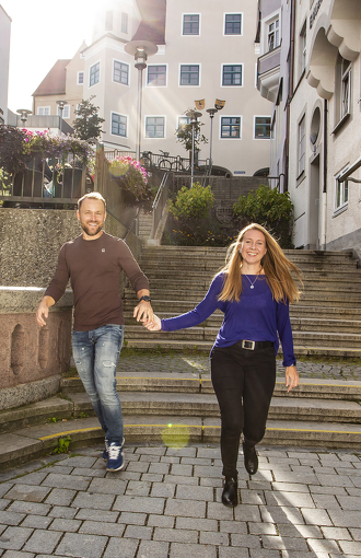 A couple at the end of the open staircases