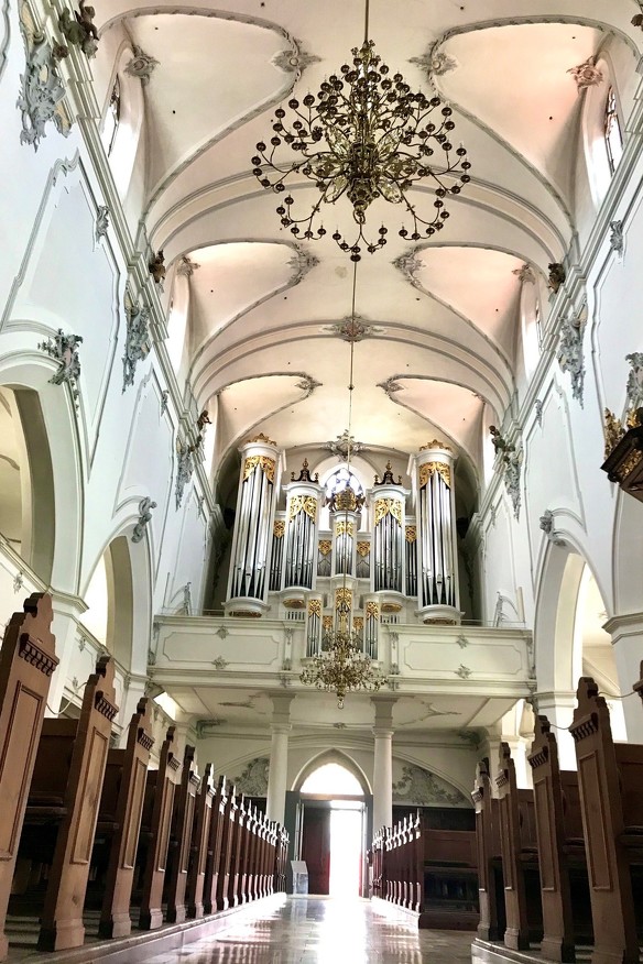 Innenansicht der St.-Mang-Kirche mit Bänken und Orgel