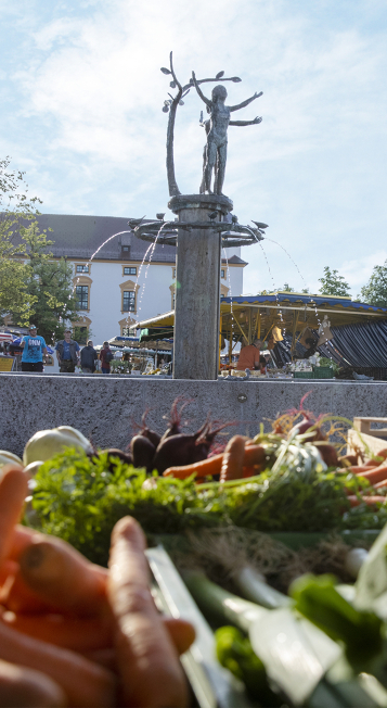 Gemüsestand mit Blick auf den Hildegardbrunnen