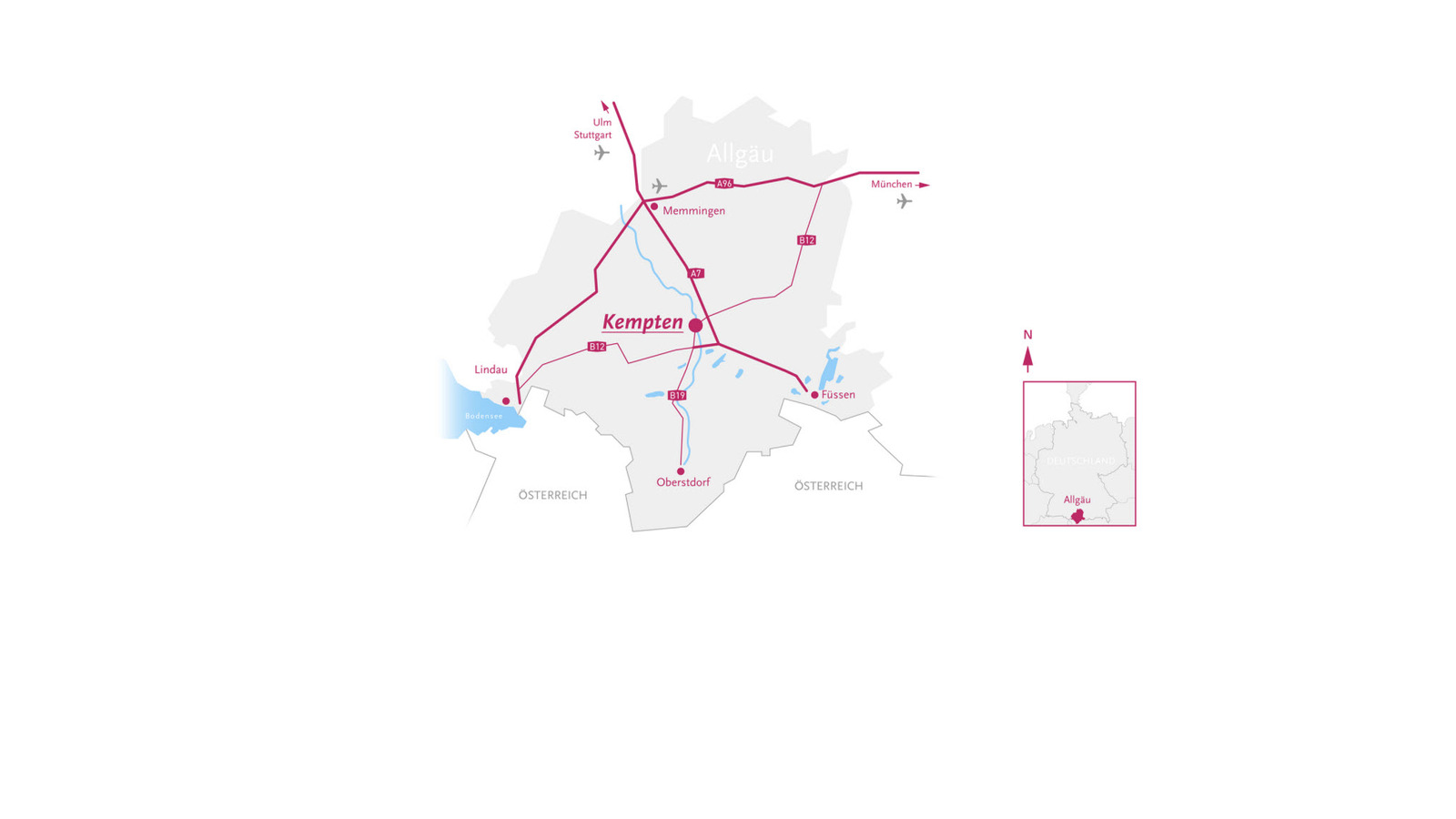 Übersichtskarte Allgäu mit Kempten im Zentrum