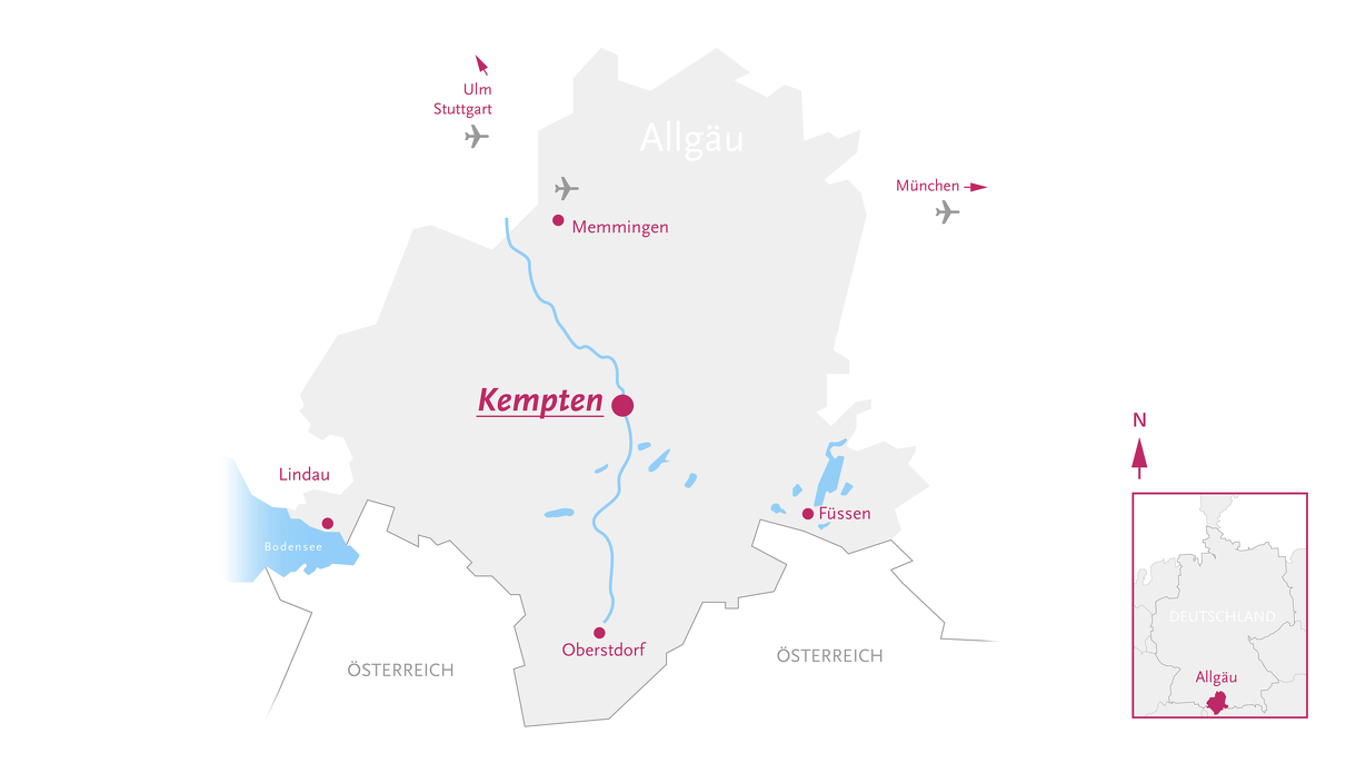 Karte zur Verortung der Stadt Kempten mitten im Allgäu
