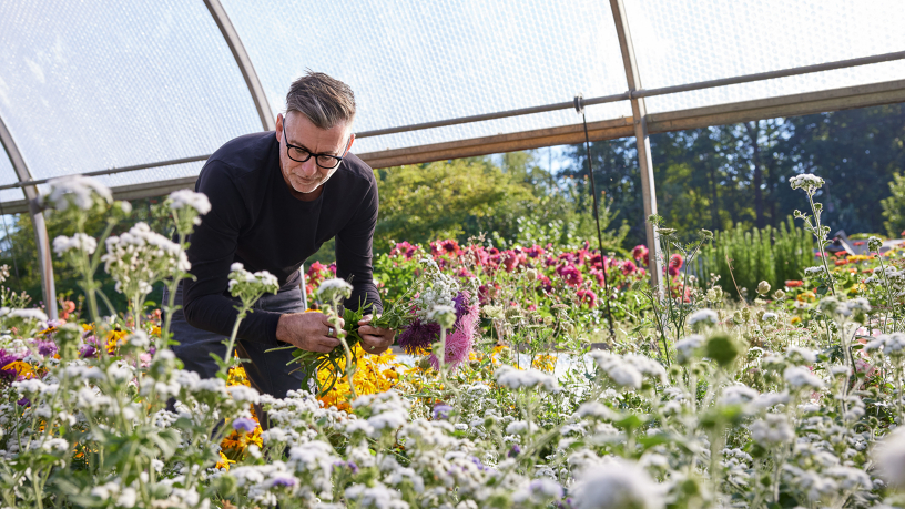 Norbert Klein inmitten der gezüchteten Blumenauswahl