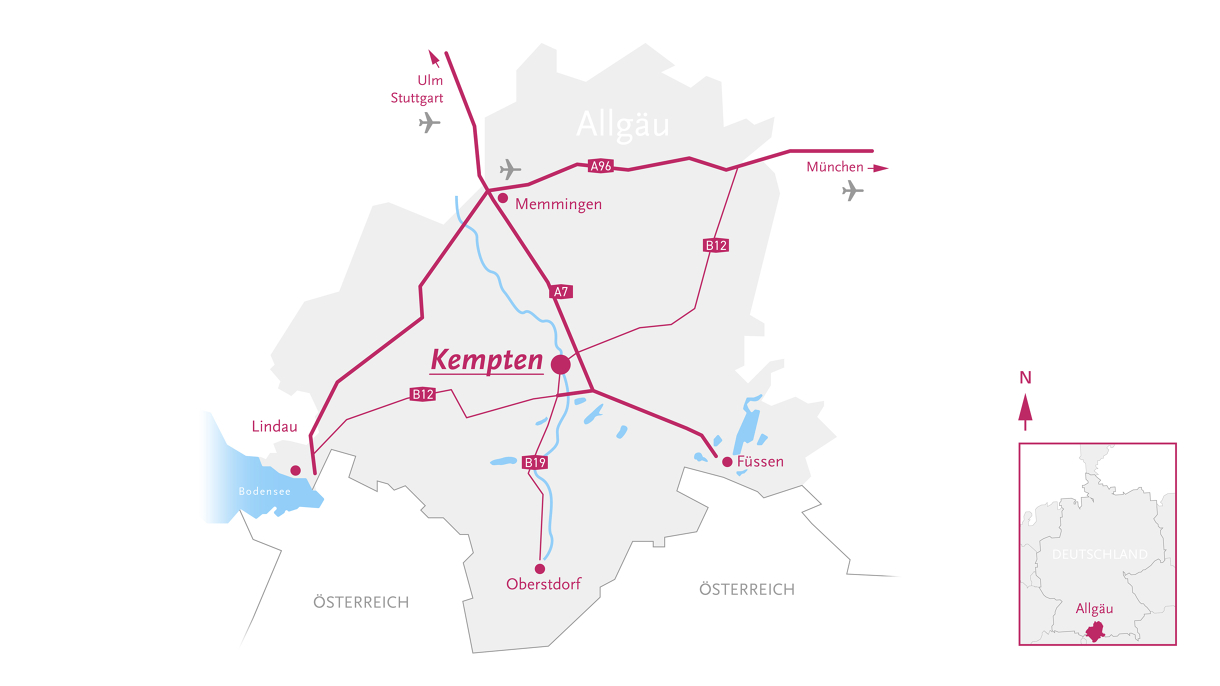 Eine Landkarte zeigt Orte und Straßen im Allgäu auf